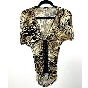 Y2K IS BELLA Top Women's M babydoll Tiger Print Ruched Lace Up safari sexy 90s